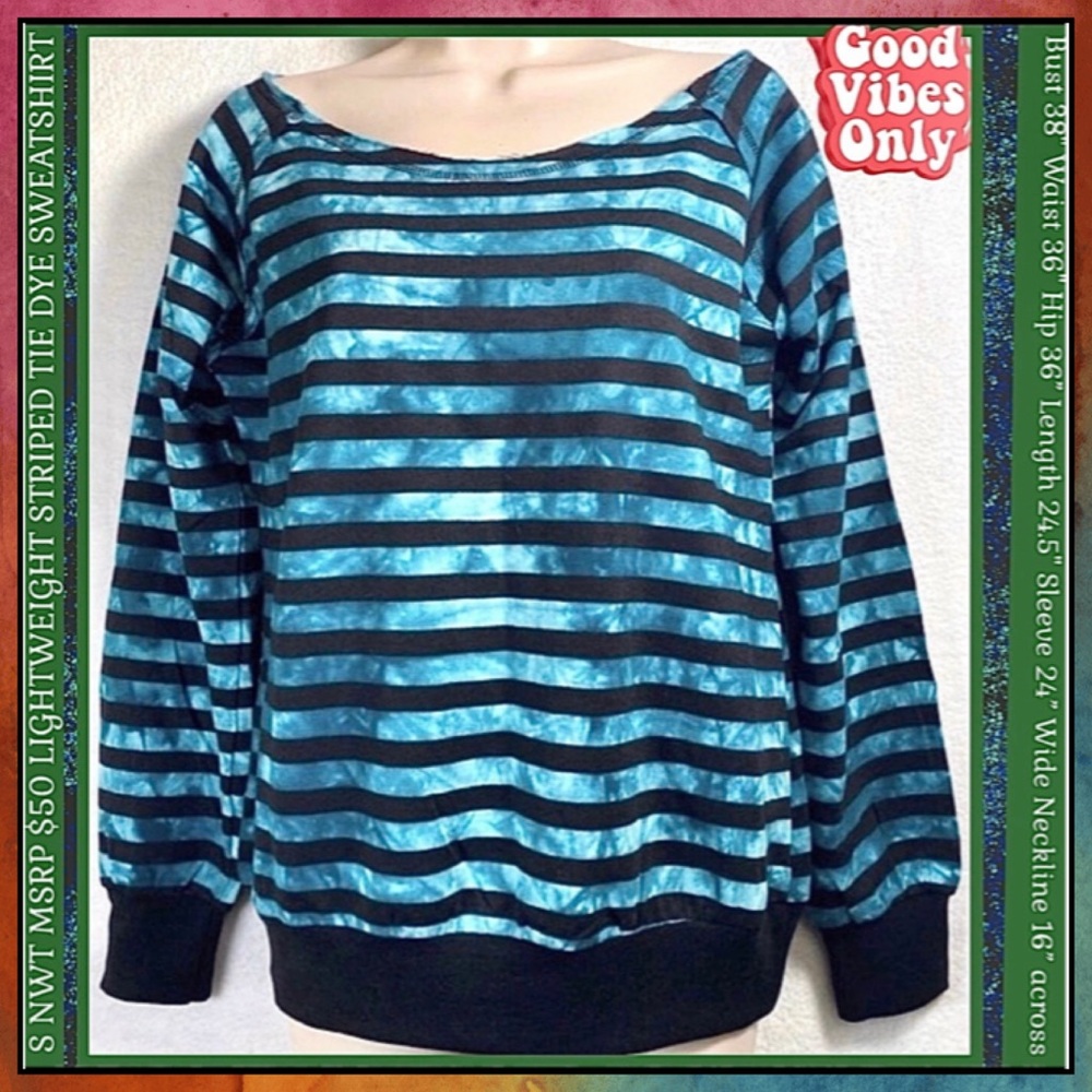 NWT S AMERICAN VINTAGE TIE DYE STRIPED AQUA LIGHTWEIGHT SWEATSHIRT MSRP $50